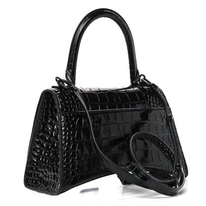 Balenciaga Shiny Calfskin Monochrome Crocodile Embossed Small Hourglass Top Handle Bag Black 3 of 8