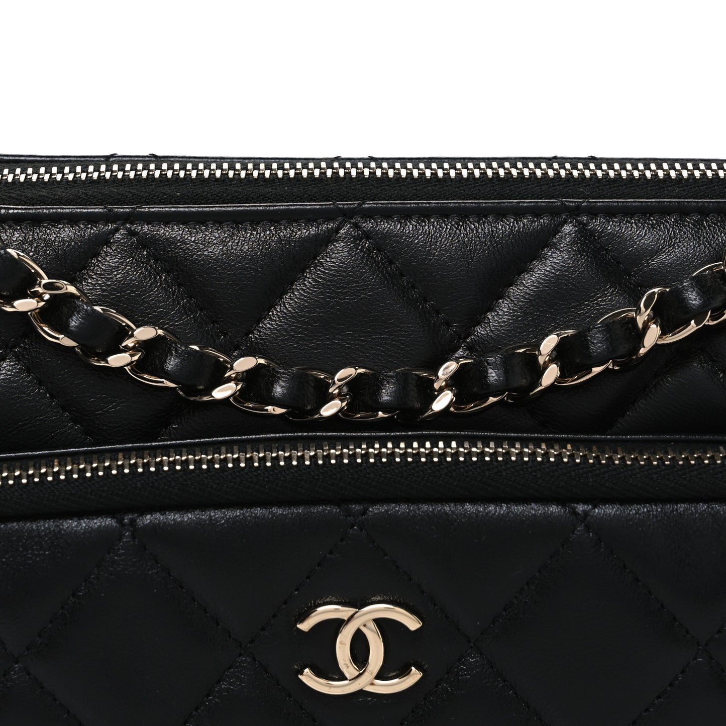 Shiny Crumpled Lambskin Quilted Small Preppy Pocket Clutch With Chain Black