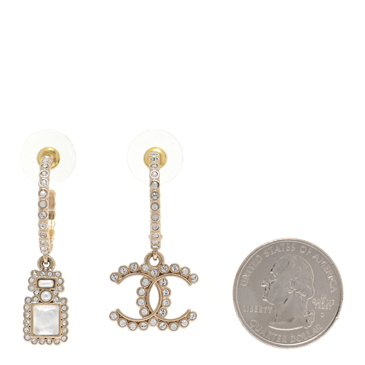 Crystal Pearl CC Perfume Bottle Drop Hoop Earrings Gold