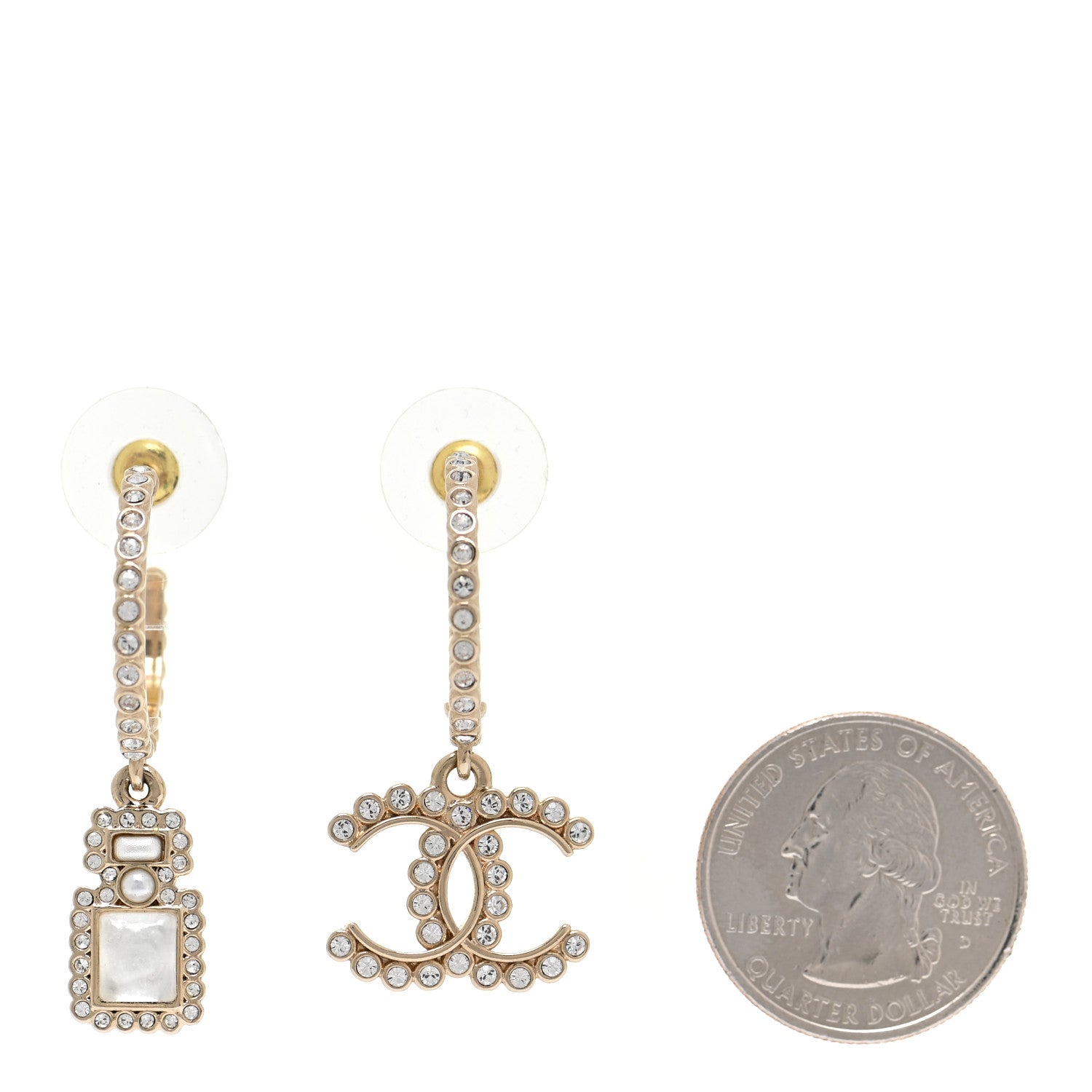 Chanel Crystal Pearl CC Perfume Bottle Drop Hoop Earrings Gold 2 of 4