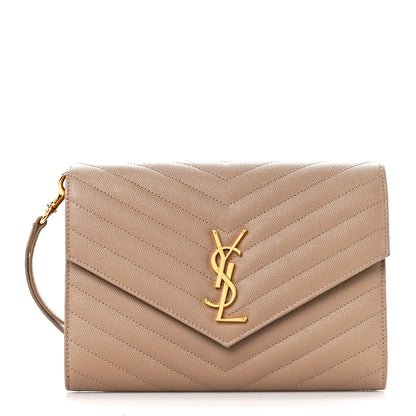 Saint Laurent Grain De Poudre Matelasse Chevron Monogram Envelope Clutch Dark Beige 1 of 11