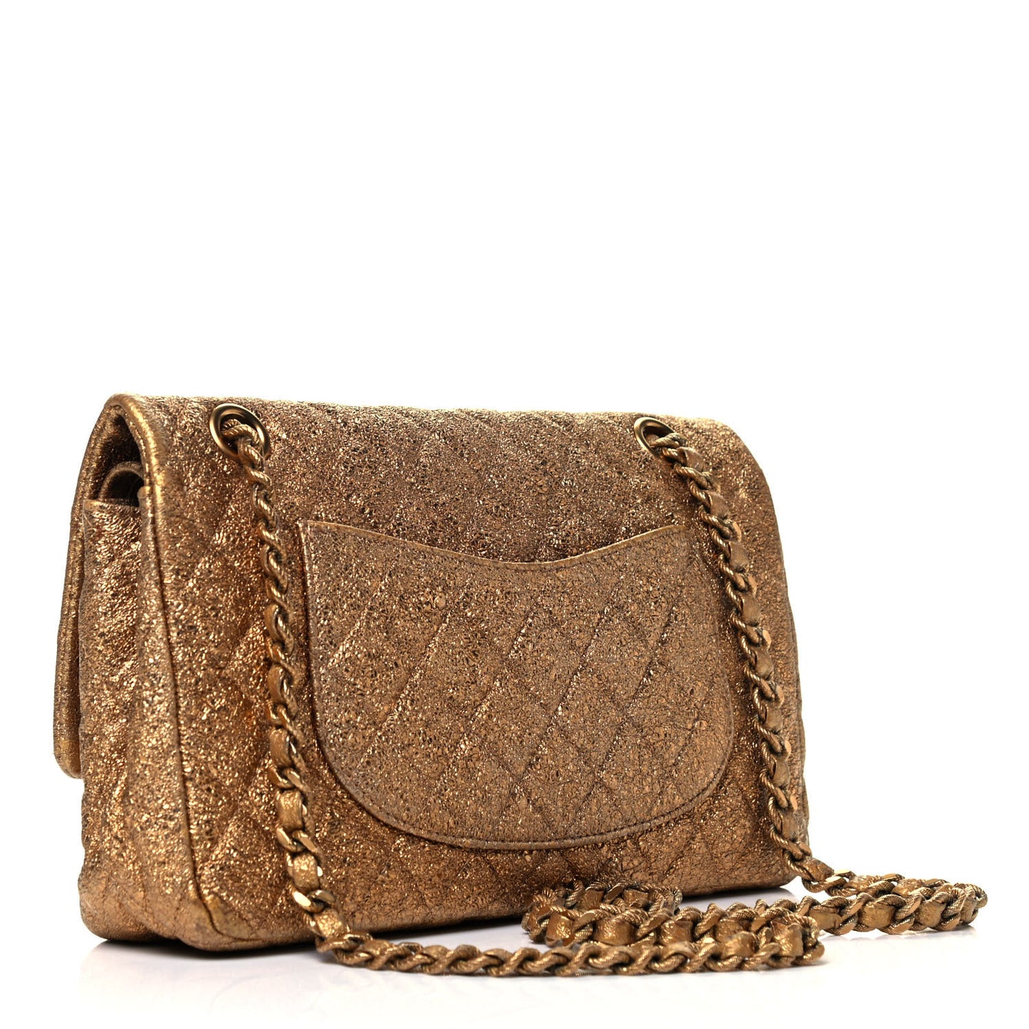 Metallic Crackled Calfskin Quilted Medium Double Flap Dark Gold