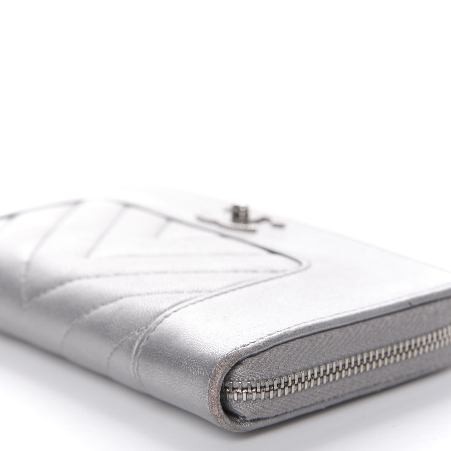 Metallic Sheepskin Chevron Quilted Medium Mademoiselle Vintage Zip Around Wallet Silver
