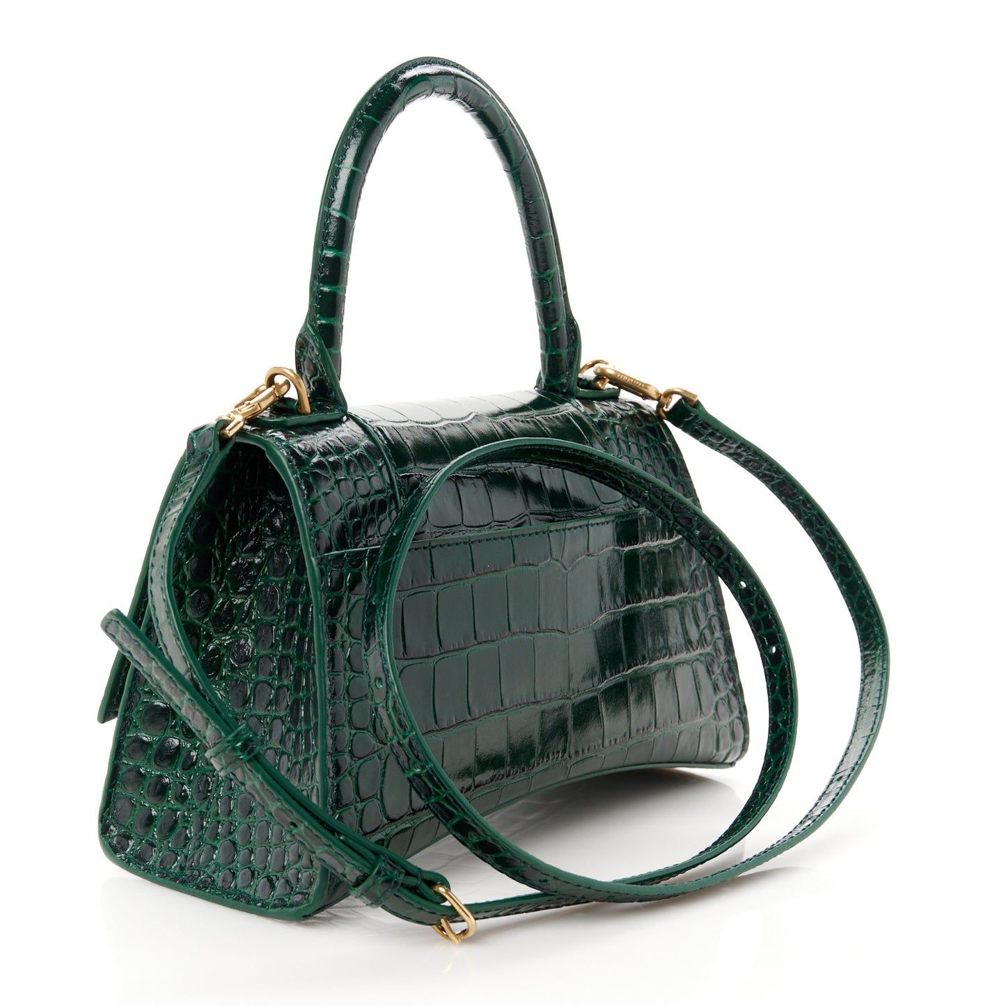Shiny Calfskin Crocodile Embossed Small Hourglass Top Handle Bag Forest Green
