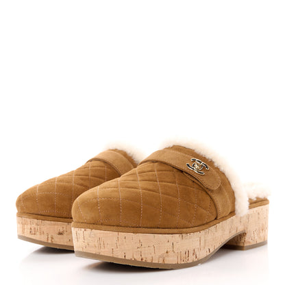 Chanel Suede Calfskin Shearling Turn Lock Clogs 39 Brown 3 of 9