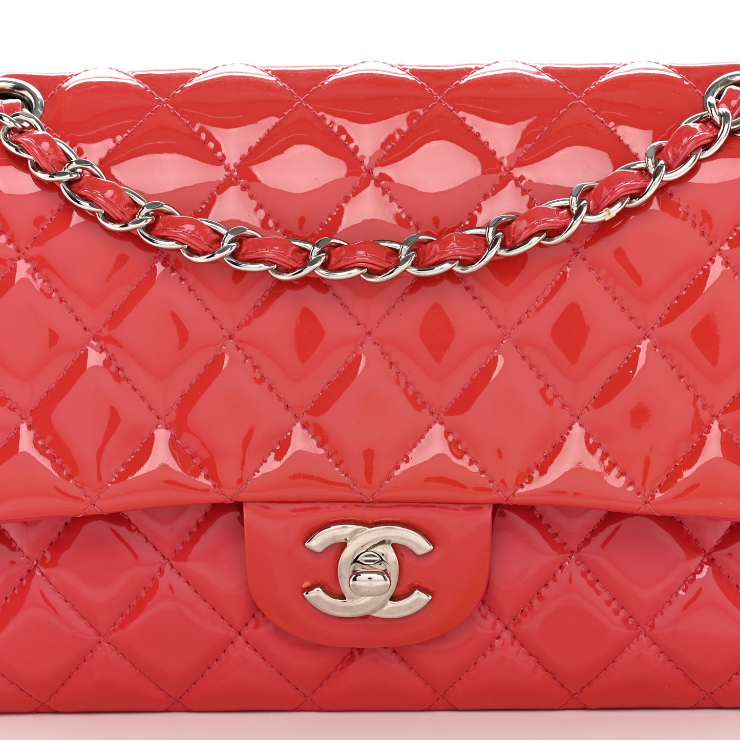 Patent Quilted Medium Double Flap Fuchsia