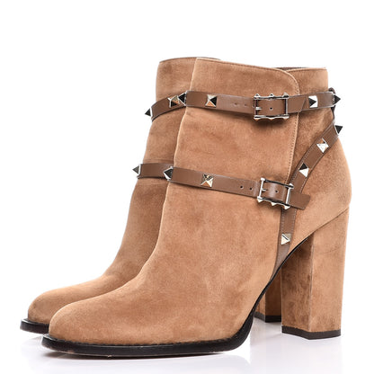 Valentino Garavani Suede Rockstud Double Buckle 100mm Block Heel Ankle Boots 38.5 Nocciola 3 of 9