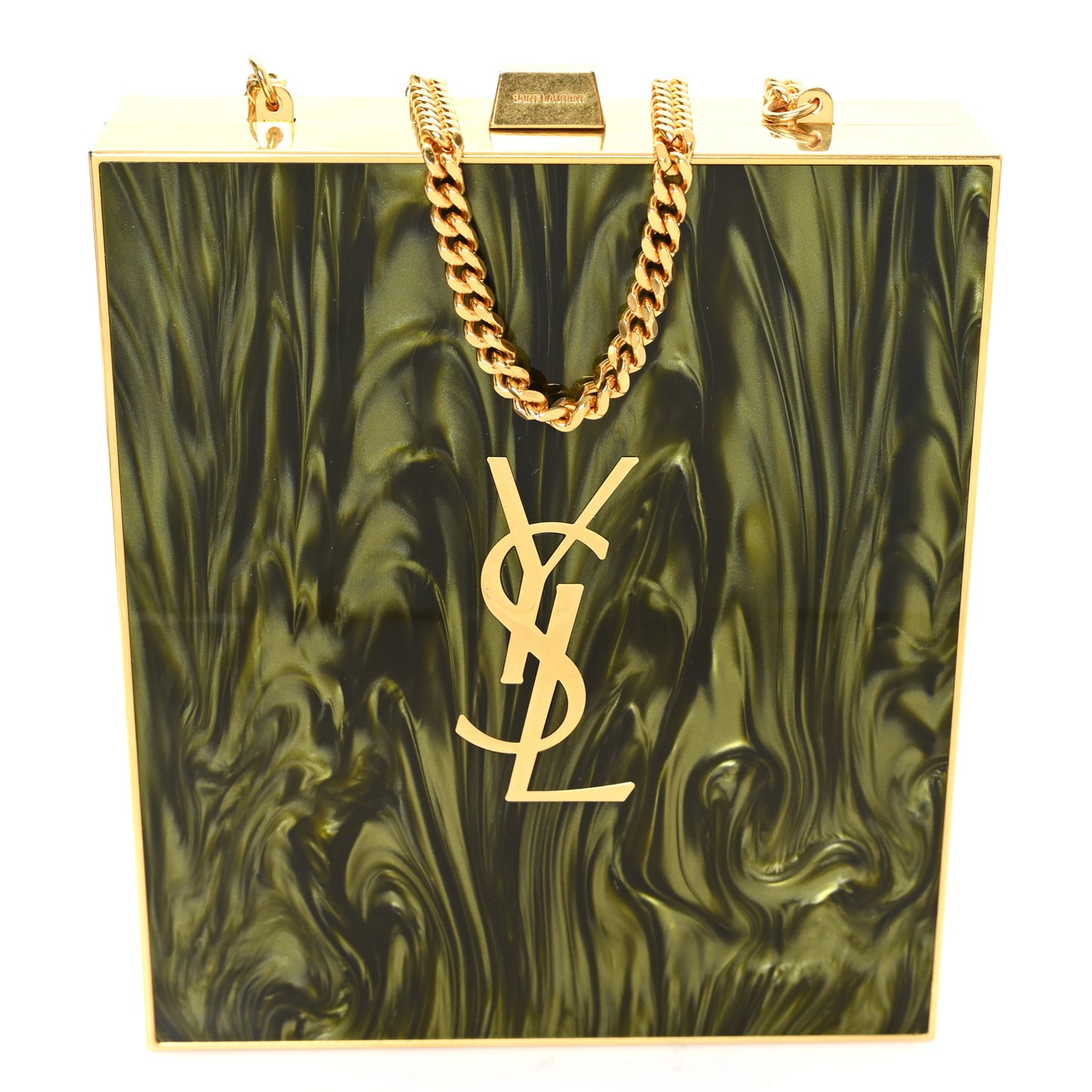 Plexiglass Monogram Minaudiere Tuxedo Box Clutch Shaded Green Oro Antico