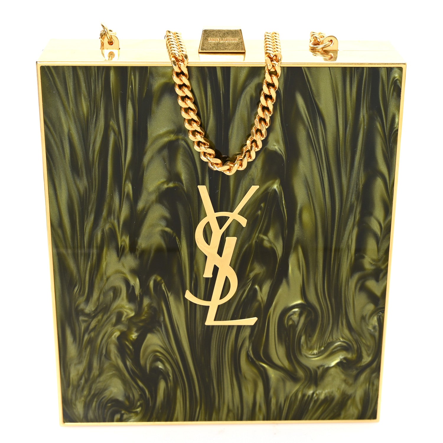 Saint Laurent Plexiglass Monogram Minaudiere Tuxedo Box Clutch Shaded Green Oro Antico 8 of 11