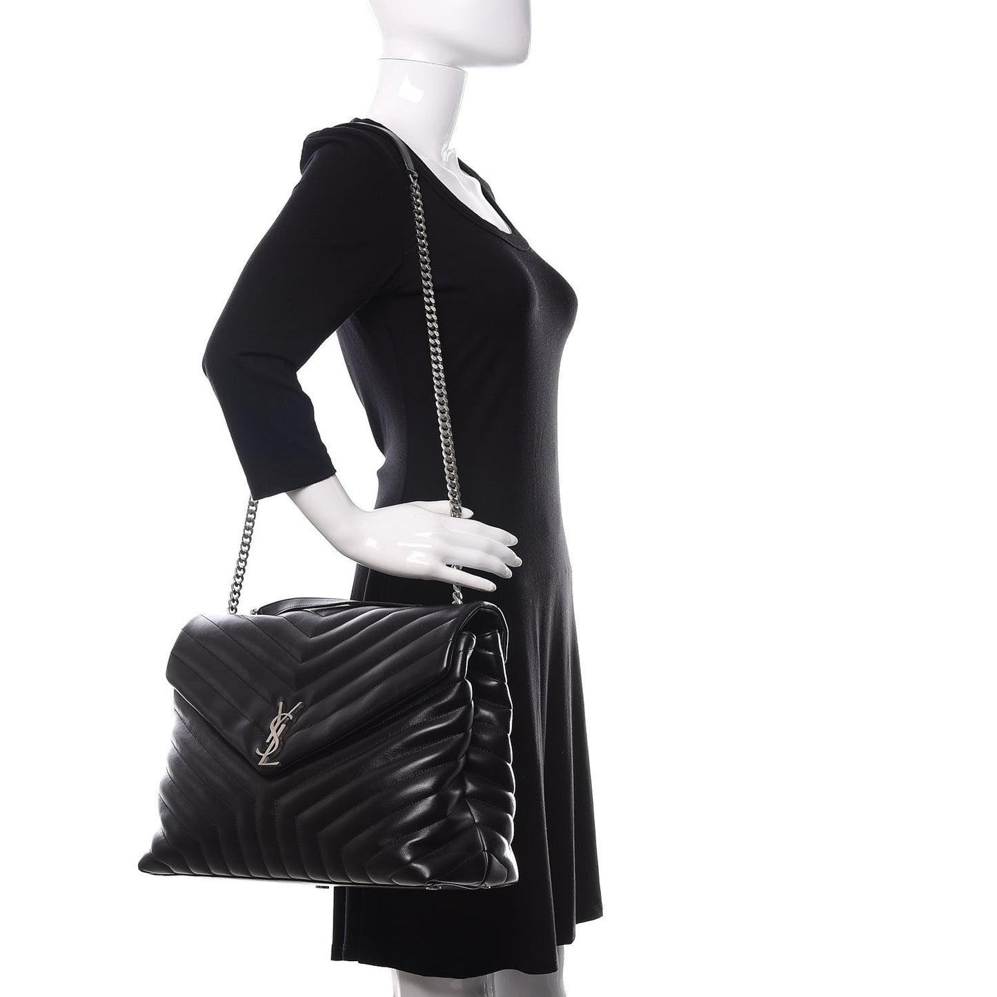 Calfskin Y Quilted Monogram Large Loulou Chain Satchel Black
