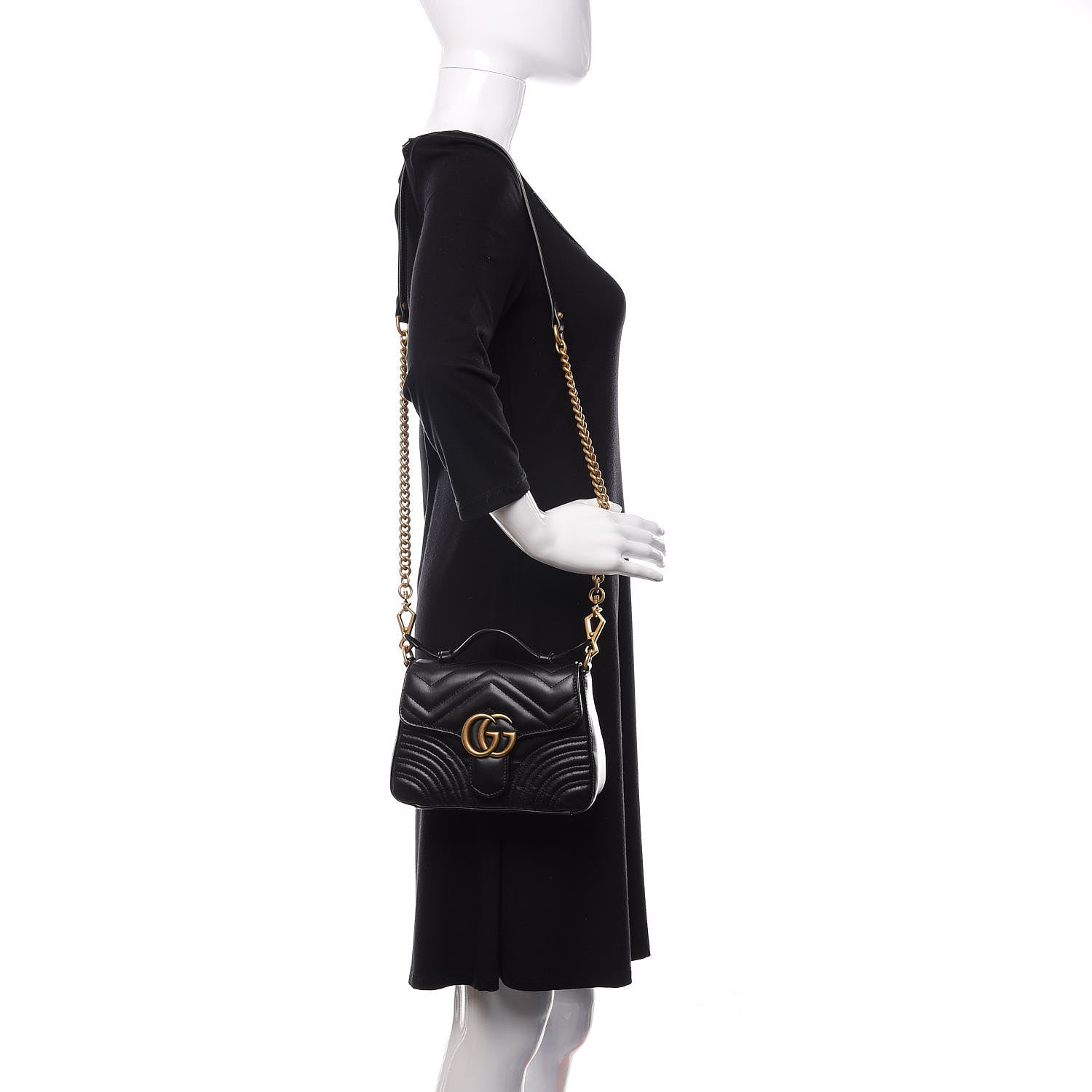 Gucci Calfskin Matelasse Mini GG Marmont Top Handle Shoulder Bag Black 2 of 12