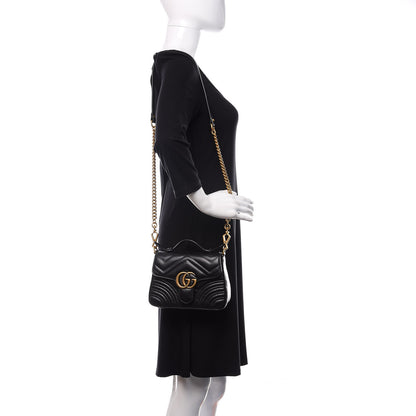 Gucci Calfskin Matelasse Mini GG Marmont Top Handle Shoulder Bag Black 2 of 12