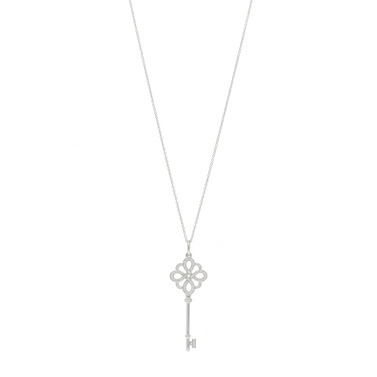 Tiffany 18K White Gold Diamond Knot Key Pendant Necklace 1 of 7