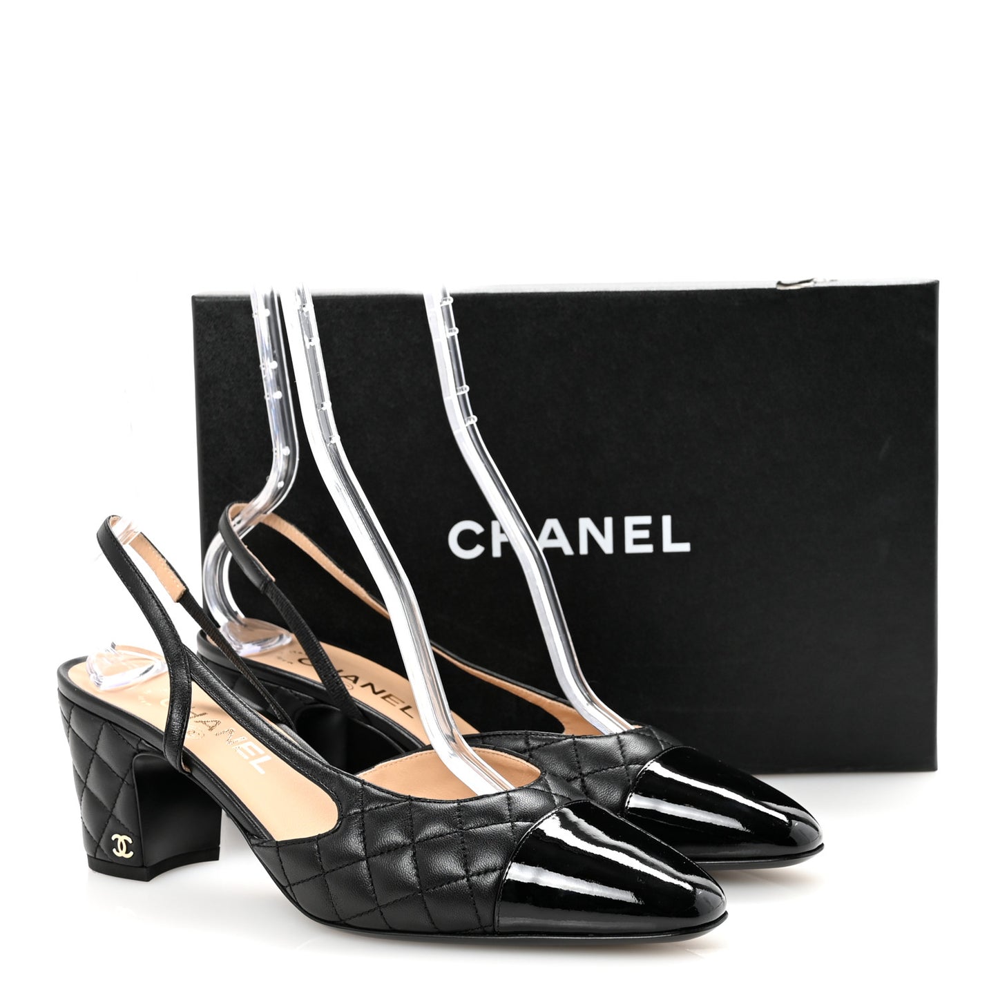Lambskin Patent Calfskin Quilted Cap Toe CC Slingback Pumps 41 Black