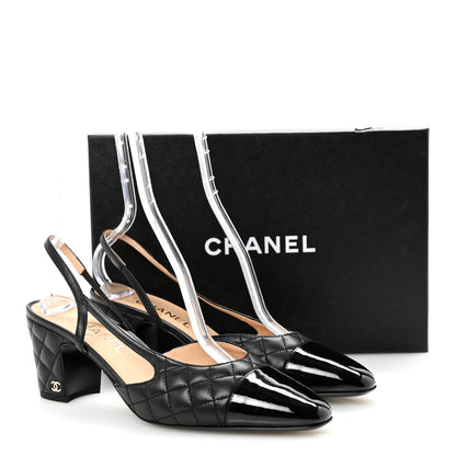 Chanel Lambskin Patent Calfskin Quilted Cap Toe CC Slingback Pumps 41 Black 10 of 10