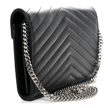 Saint Laurent Grain De Poudre Matelasse Chevron Monogram Chain Wallet Black 3 of 11