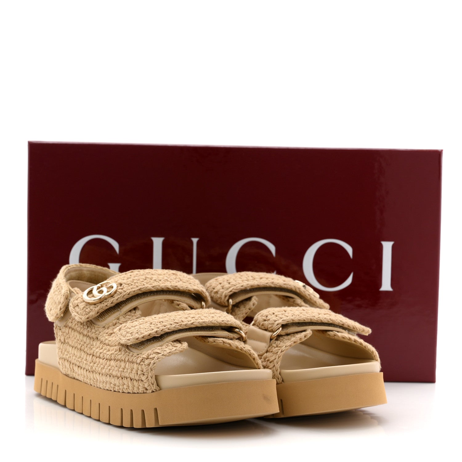 Gucci Raffia Cotton Crochet GG Sandals 37 Ecru Sandstorm 1860128