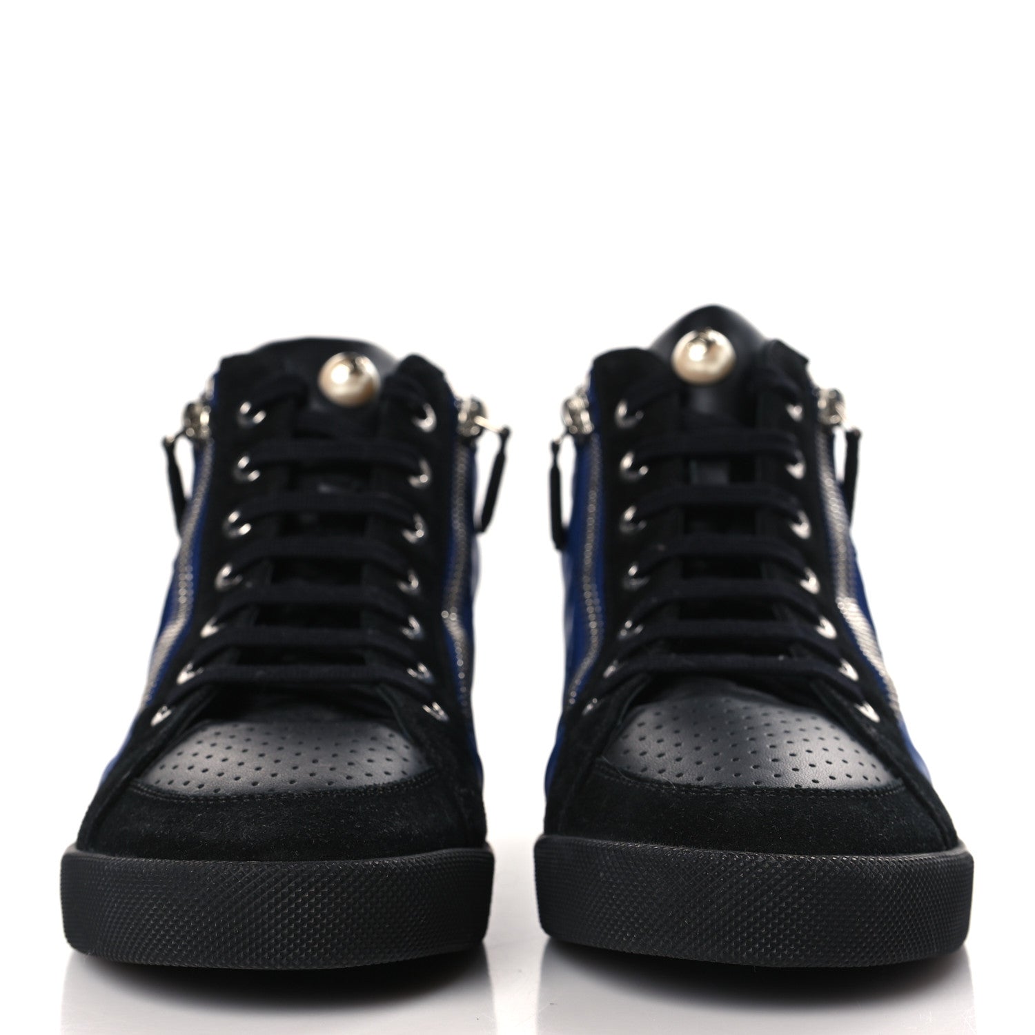 Chanel Calfskin Pearl High Top CC Sneakers 37 Black Blue 2 of 7