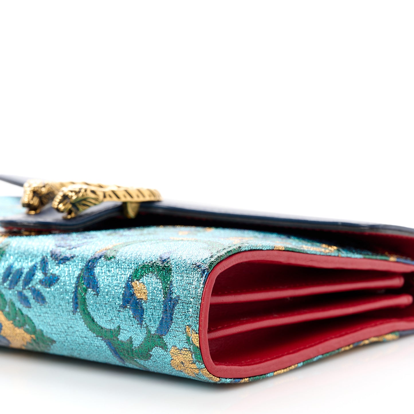 Metallic Brocade Calfskin Mini Dionysus Chain Wallet Black Blue Azure