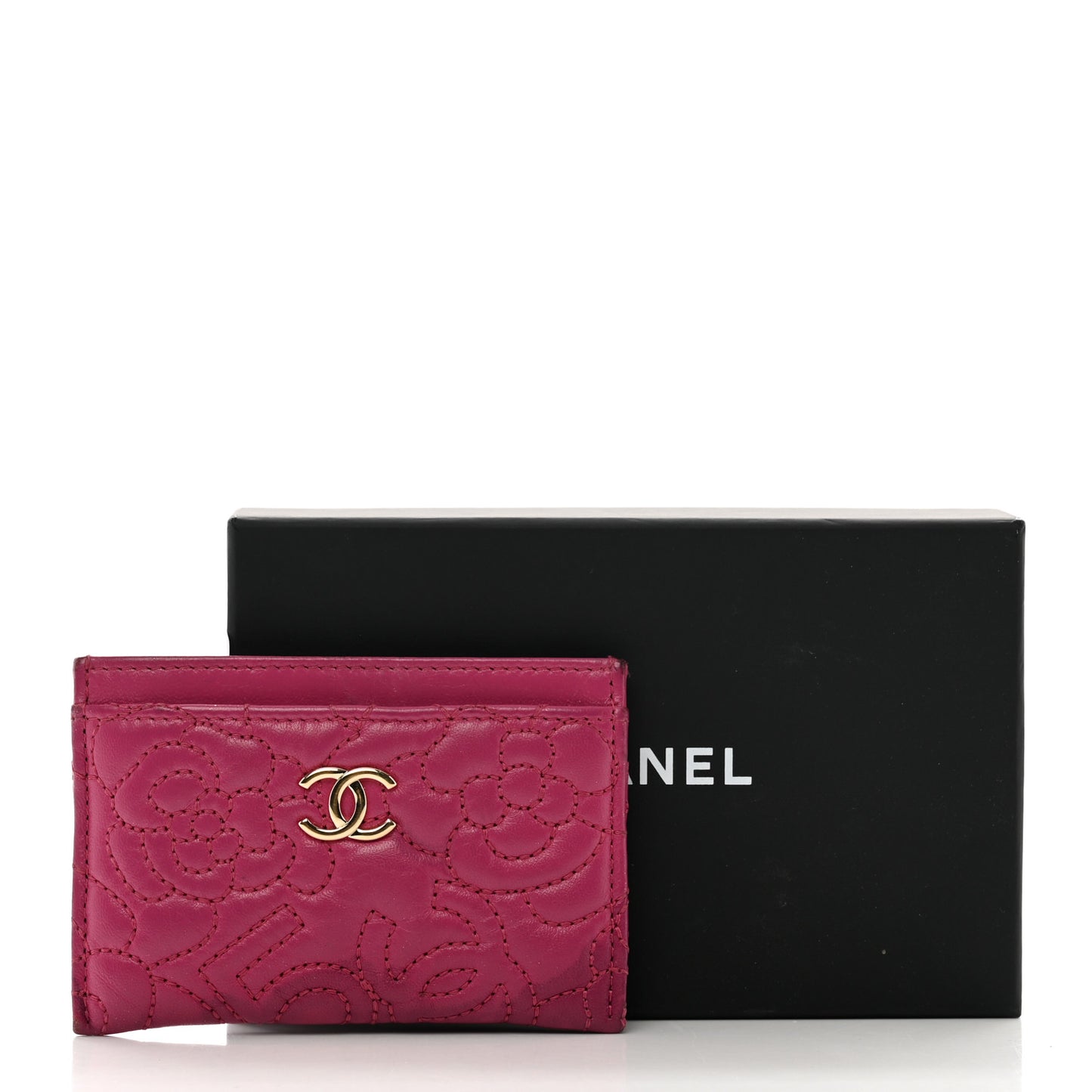 Lambskin Camellia Embossed Card Holder Fuchsia