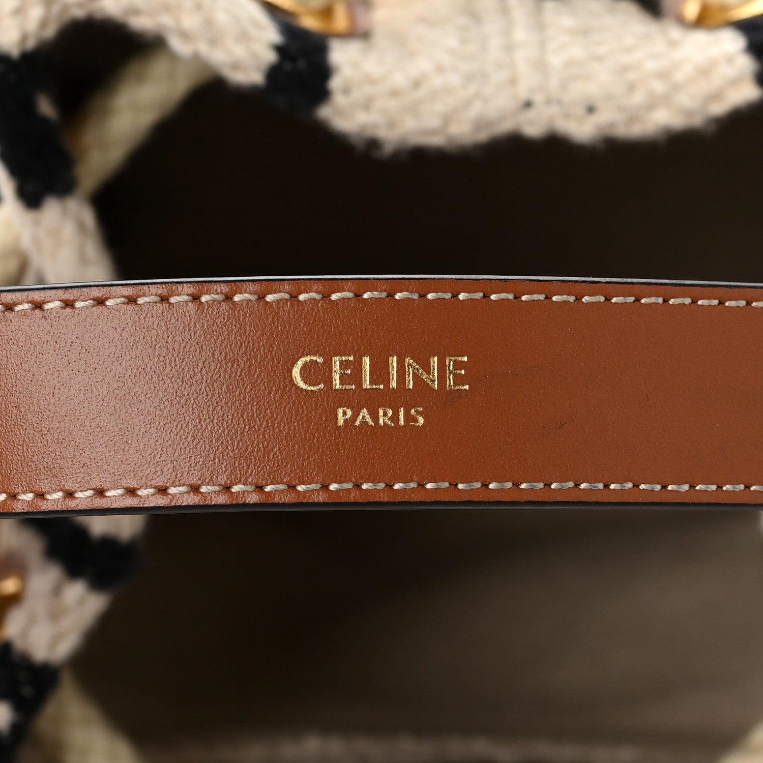 Celine All Over Textile Calfskin Striped Teen Drawstring Bag White Black 7 of 8