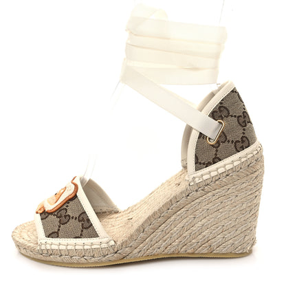 Gucci Monogram Patches Ankle Wrap Platform 35/120mm Espadrille Wedges 37.5 Beige White 1 of 9