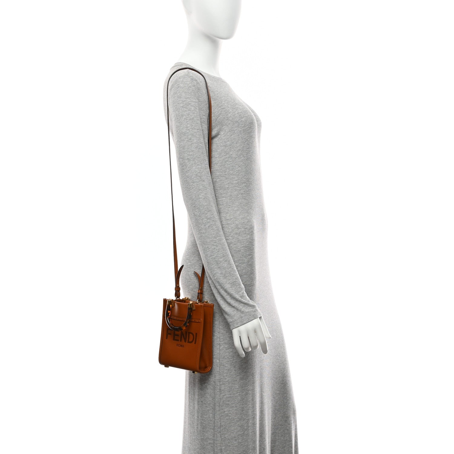 Fendi Vitello King Plexiglass Logo Embossed Mini Fendi Sunshine Shopper Tote Cuoio 2 of 10