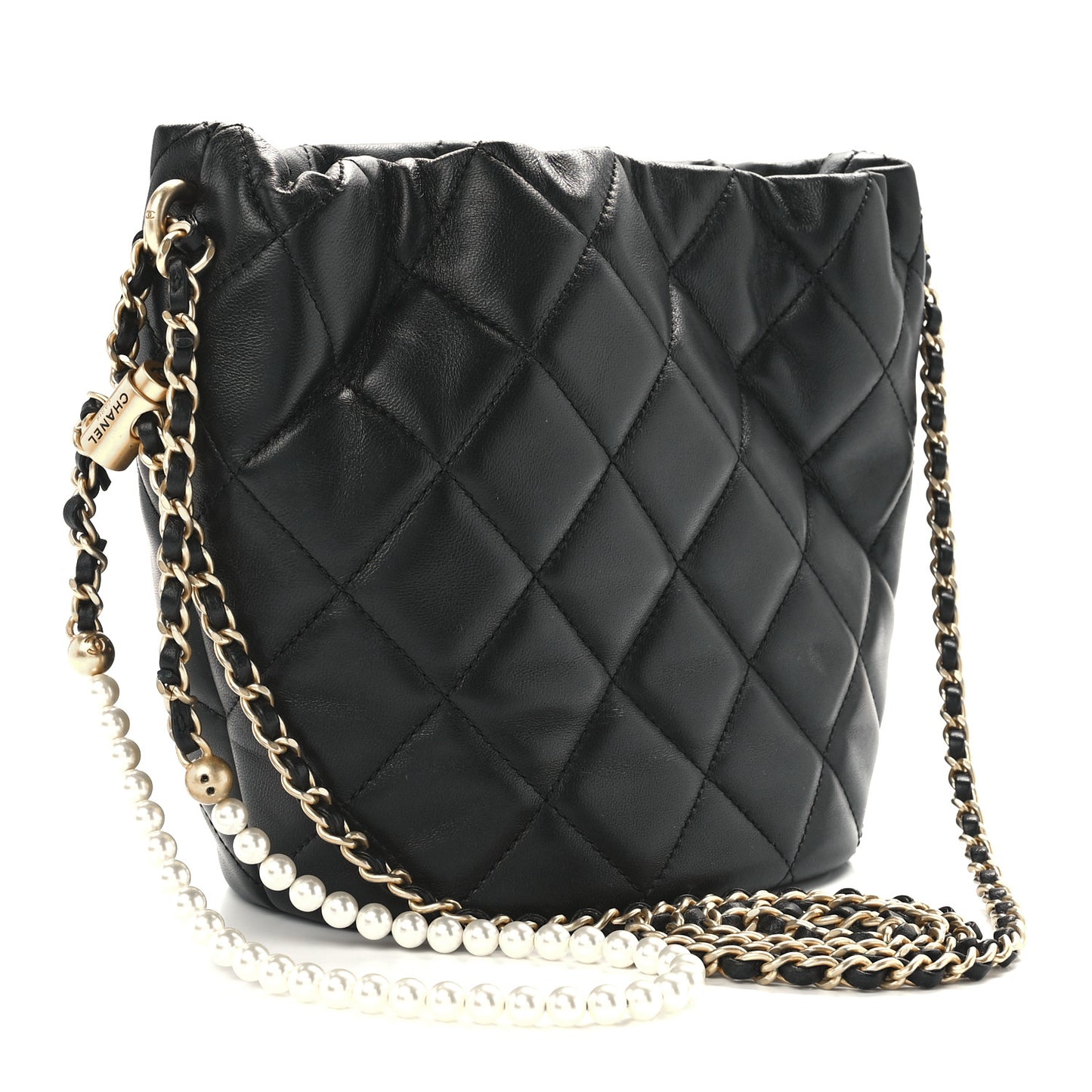 Lambskin Quilted My Perfect Chain Bucket Drawstring Bag Black