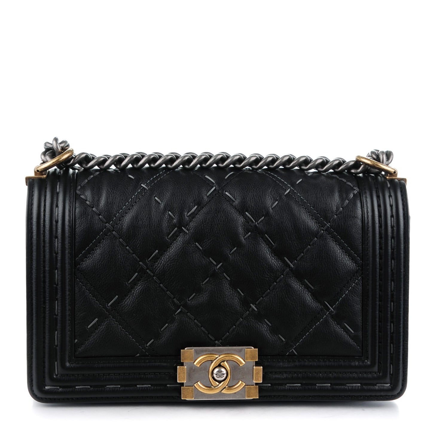 Calfskin Double Stitch Medium Boy Flap Black