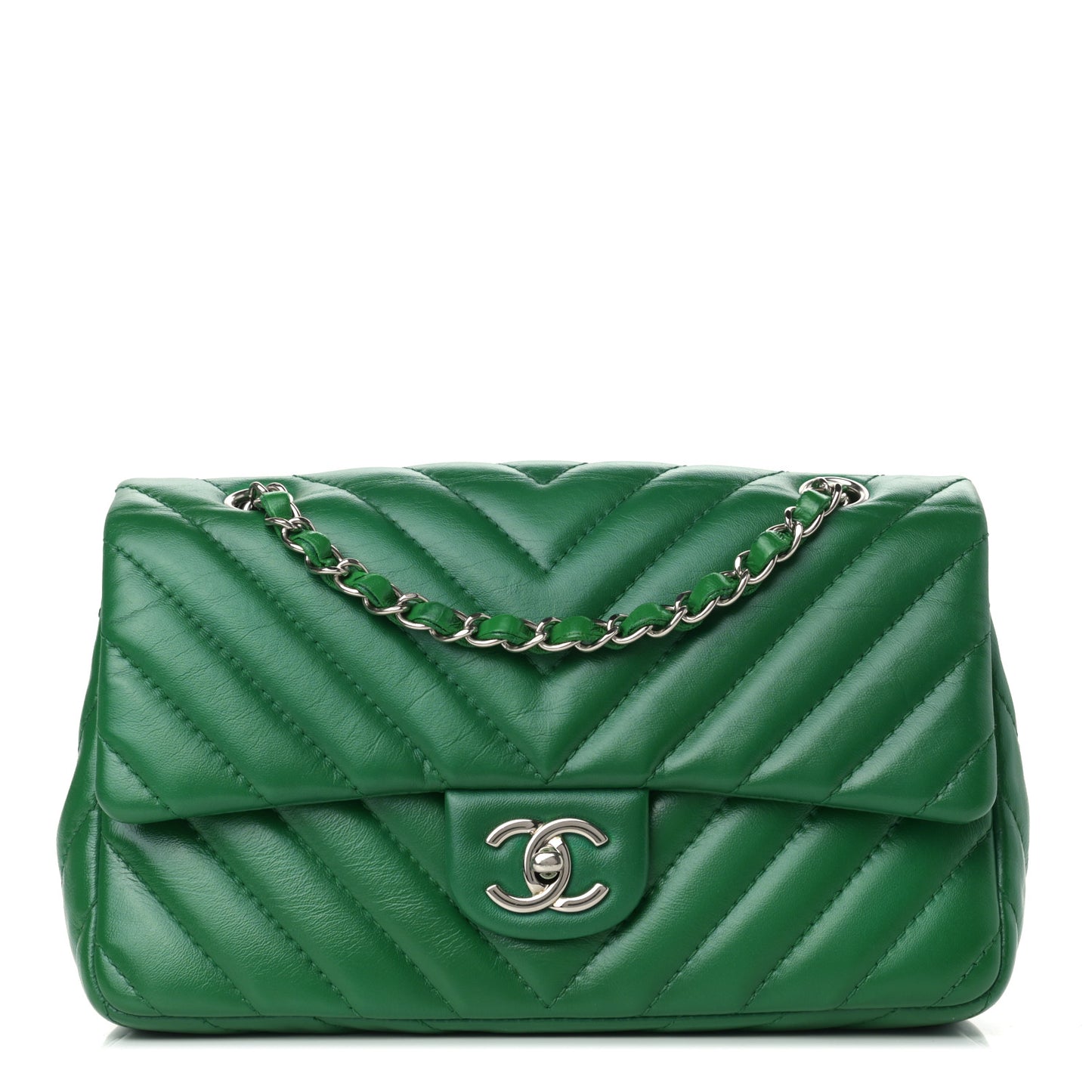Lambskin Chevron Quilted Medium Single Flap Green