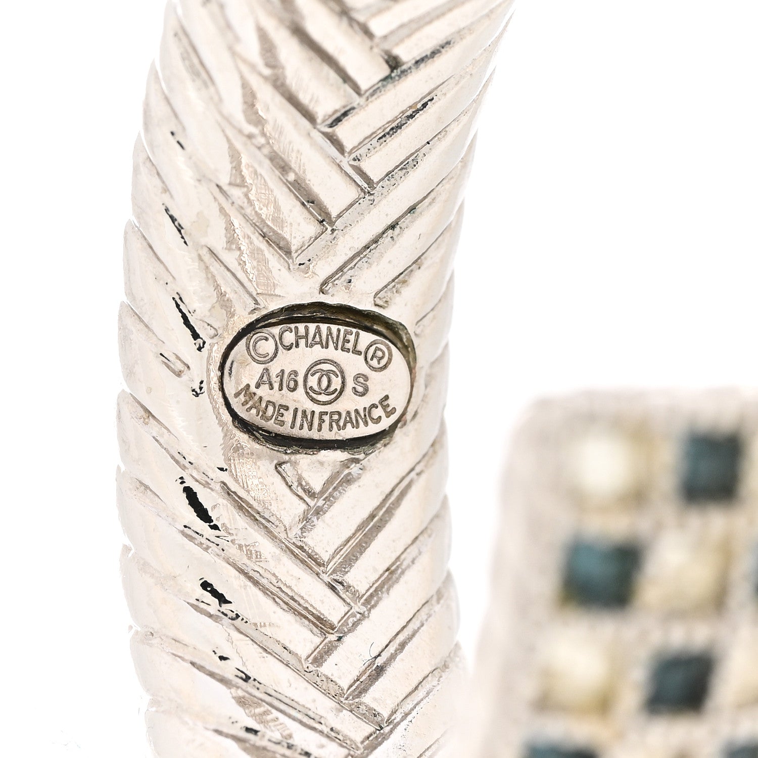 Chanel Crystal CC Hoop Earrings Silver Blue 4 of 5