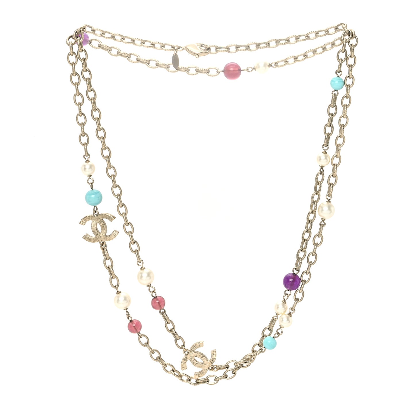 Pearl Beaded CC Long Necklace Gold Multicolor