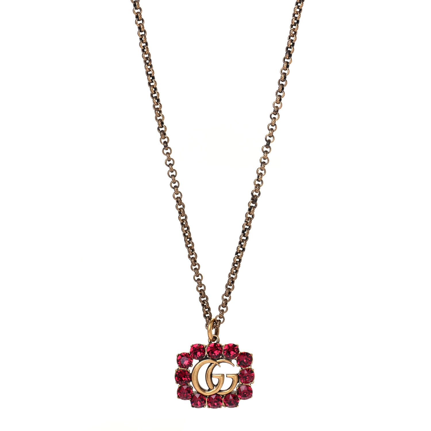 Gucci Crystal Embellished Double G Necklace Aged Gold Red 1 of 4