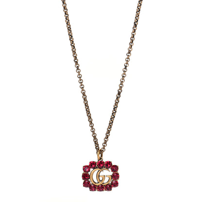 Gucci Crystal Embellished Double G Necklace Aged Gold Red 1 of 4