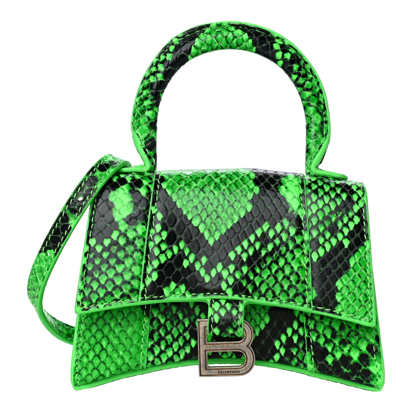 Shiny Calfskin Python Effect Hourglass Top Handle Bag Mini Fluo Green Black