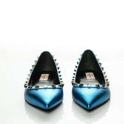 Valentino Garavani Metallic Pebbled Calfskin Rockstud Ballerina Flats 38 Light Blue 2 of 7