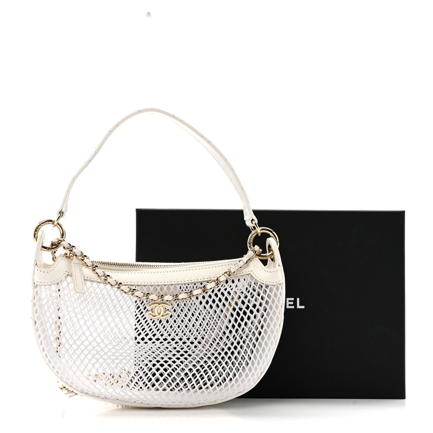 Mesh Shiny Lambskin Chain Hobo White