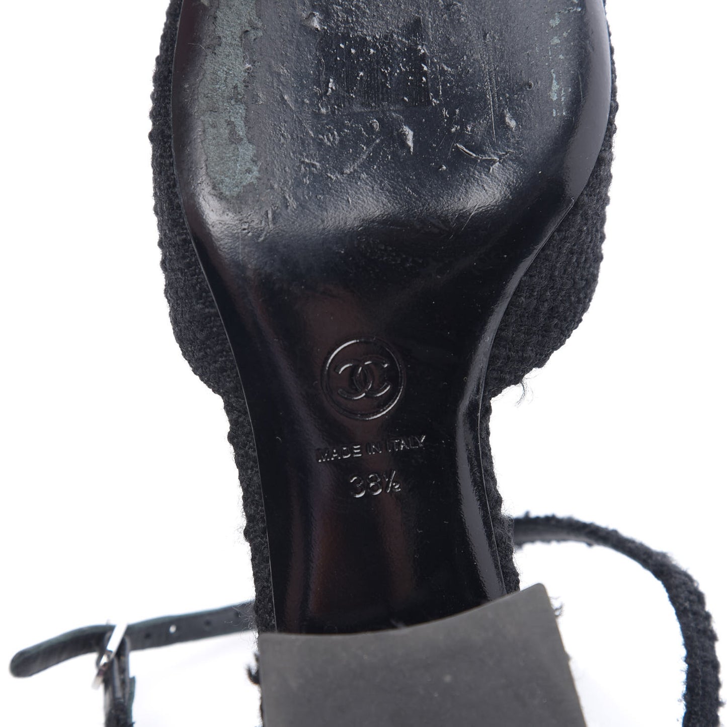 Tweed Iridescent Calfskin Cap Toe CC Slingback Pumps 38.5 Black Silver
