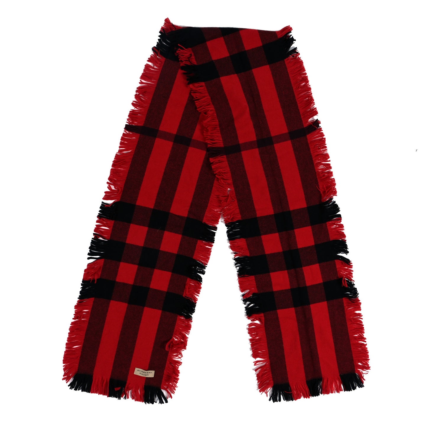 Wool Half Mega Check Fringe Scarf Red