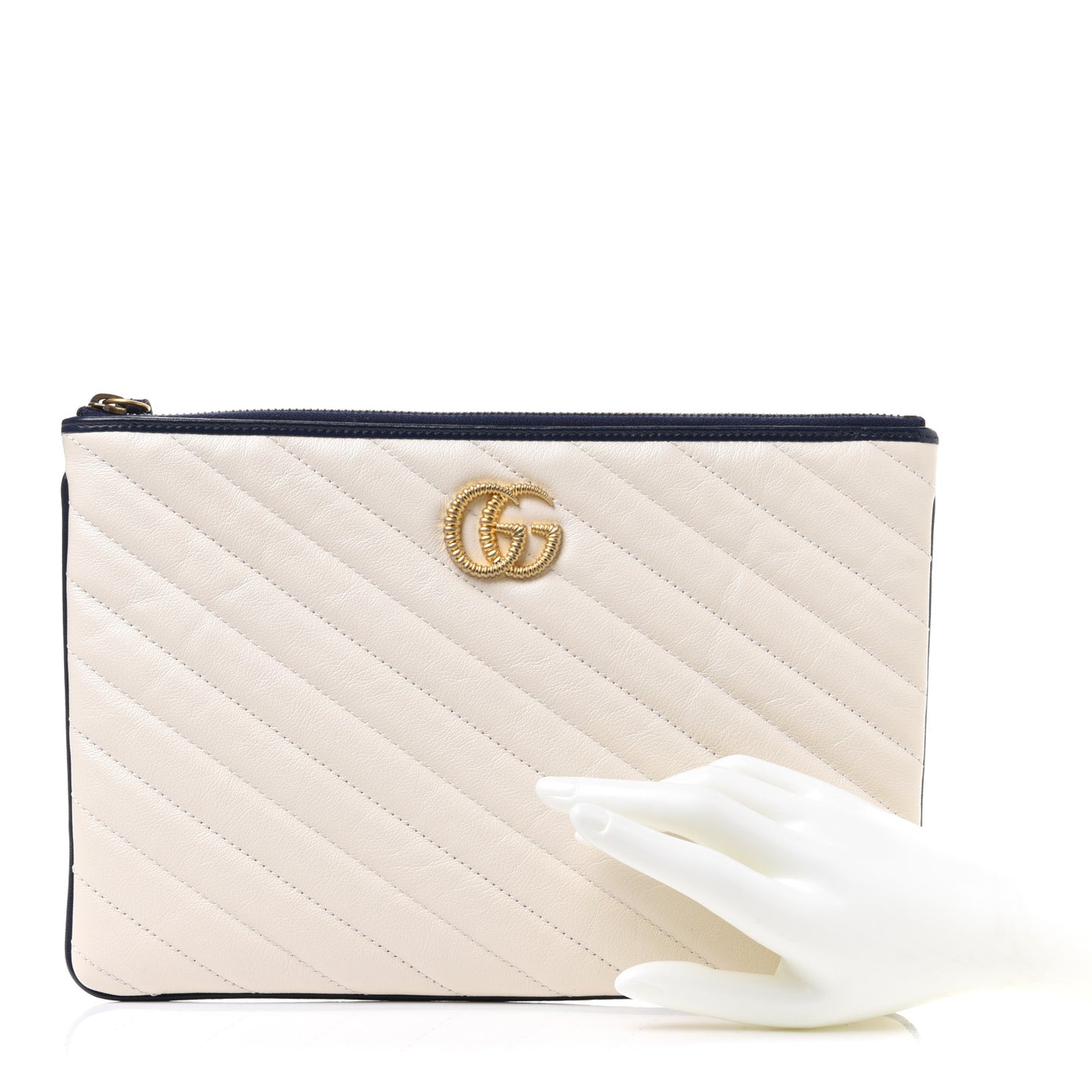 Vintage Effect Calfskin Matelasse Diagonal Torchon GG Marmont Zip Pouch Mystic White Blue Agata