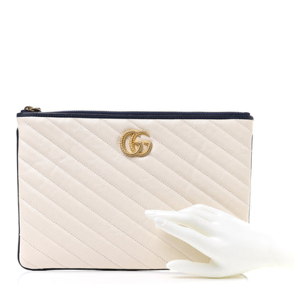 Gucci Vintage Effect Calfskin Matelasse Diagonal Torchon GG Marmont Zip Pouch Mystic White Blue Agata 2 of 8