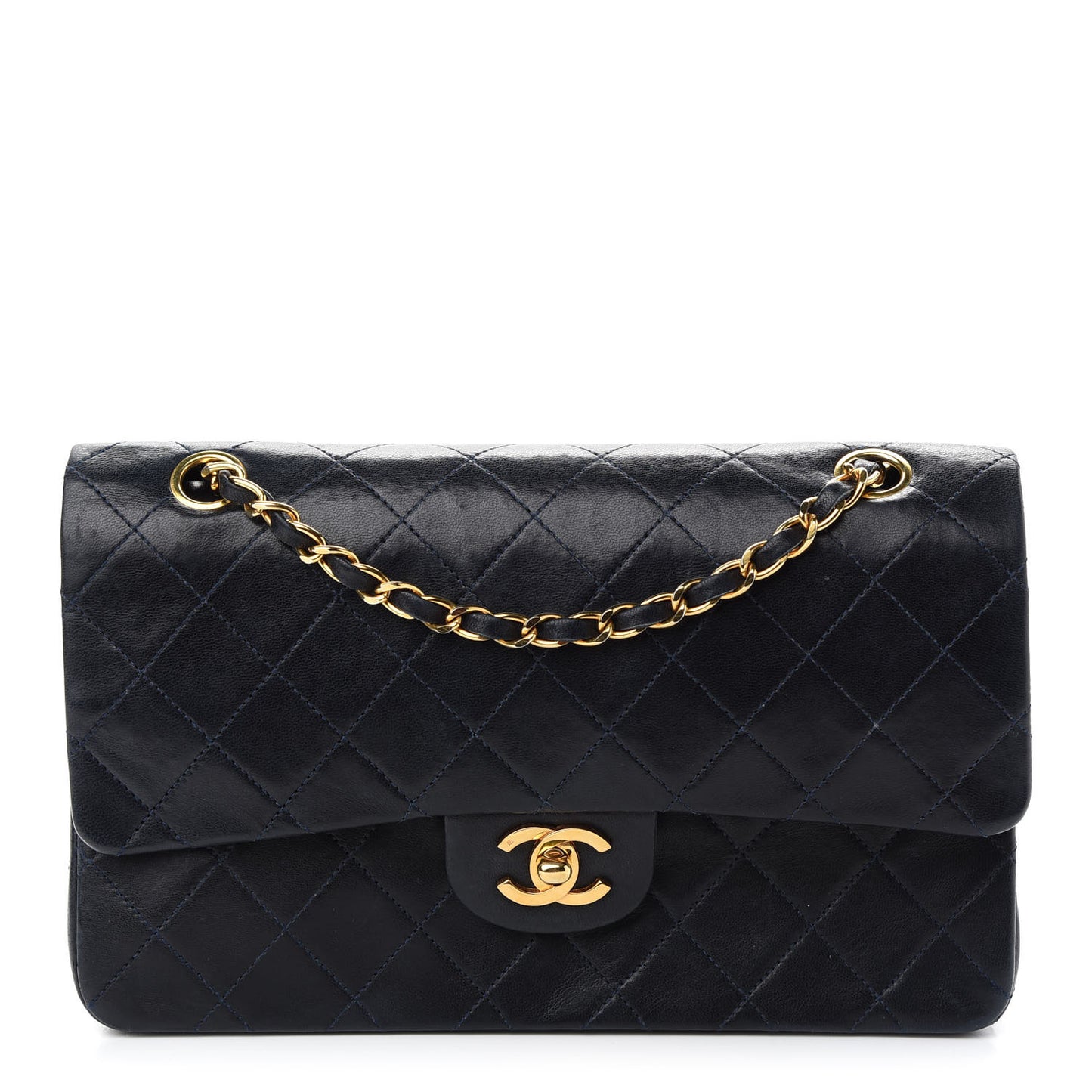 Lambskin Quilted Medium Double Flap Navy