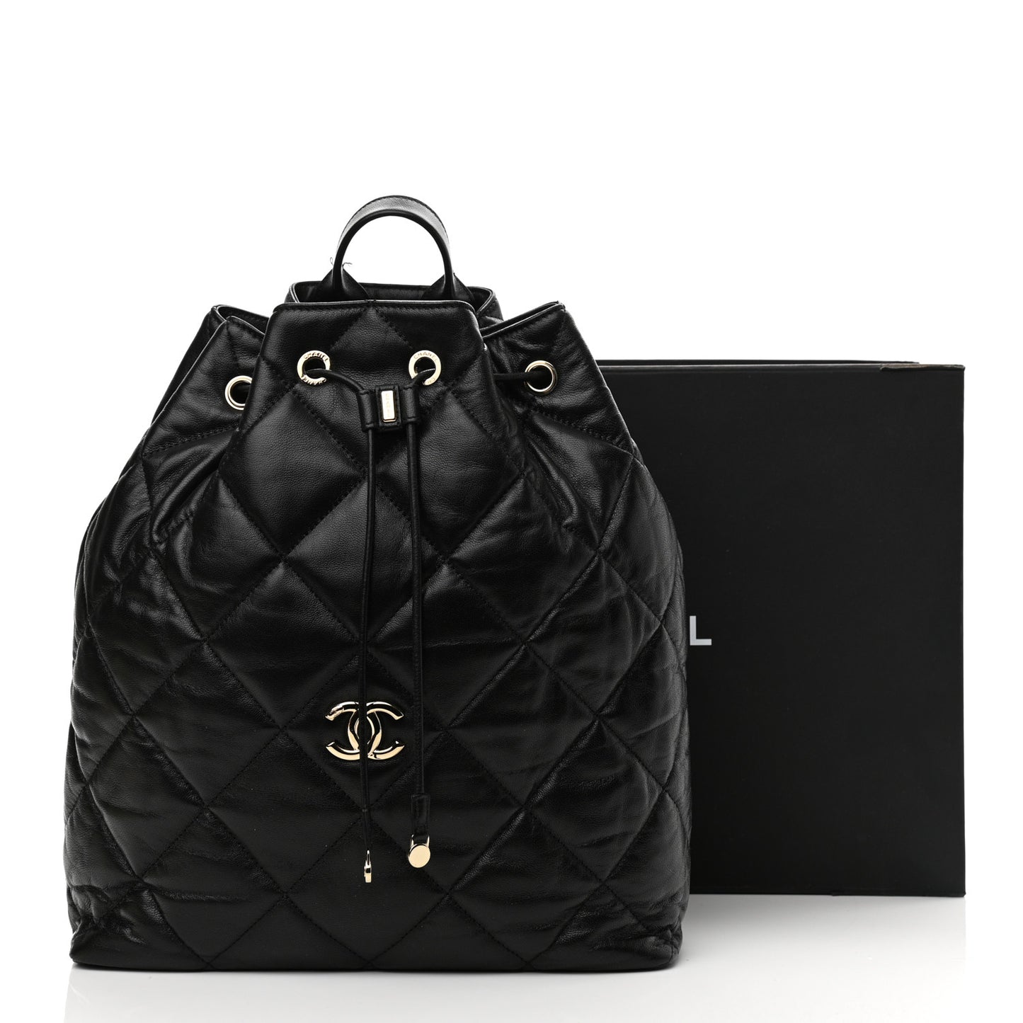 Lambskin Quilted Drawstring Backpack Black