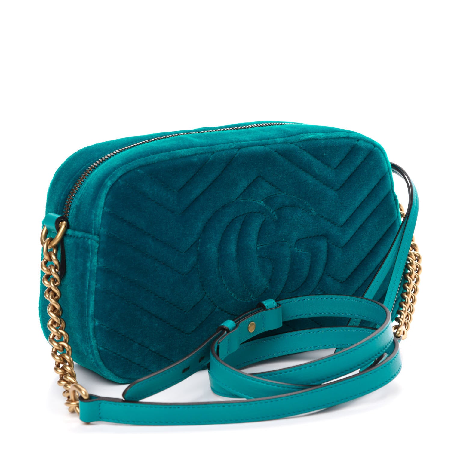 Gucci Velvet Matelasse Small GG Marmont Chain Shoulder Bag Pavone Cyan 3 of 11