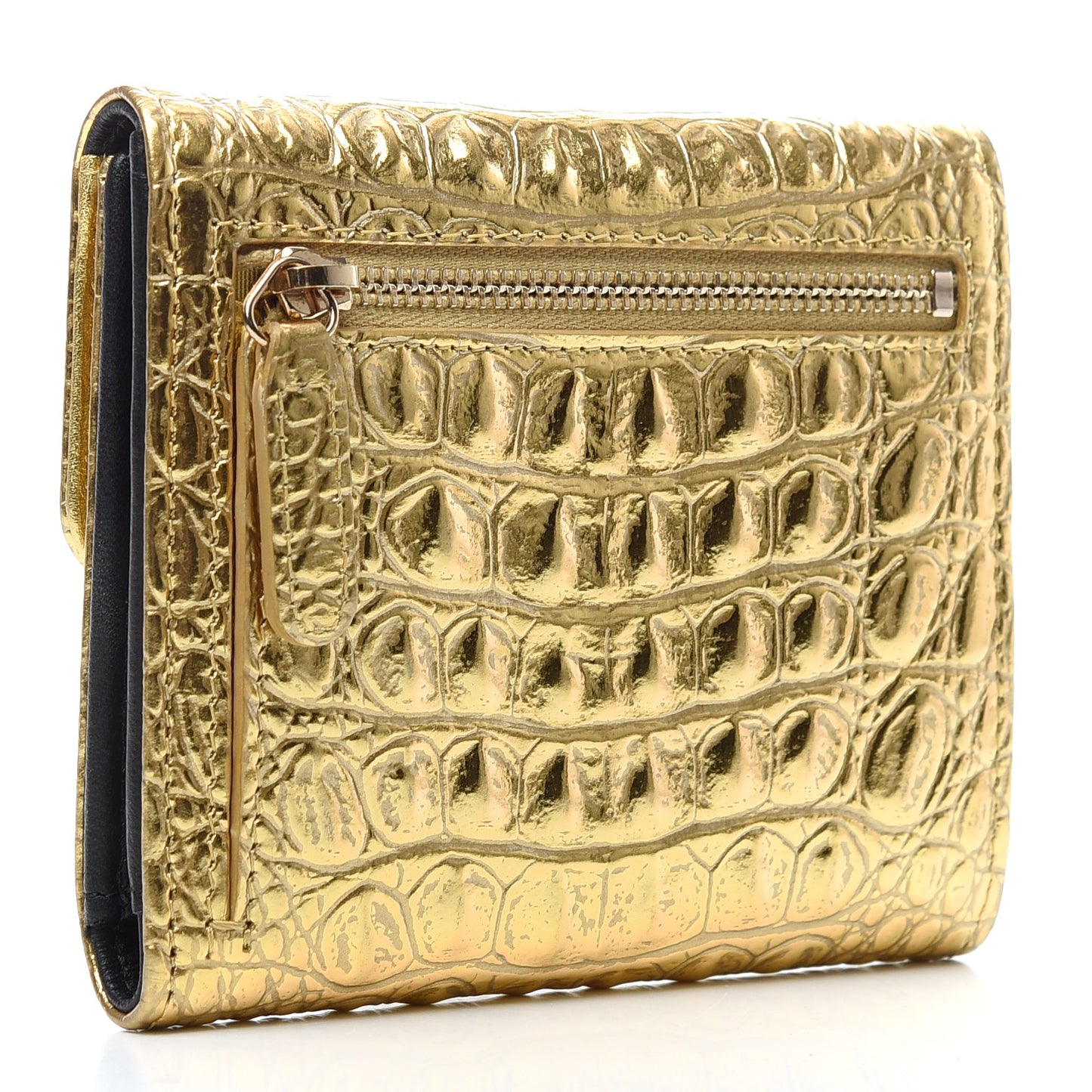 Metallic Calfskin Crocodile Embossed Cocodile Compact Flap Wallet Gold