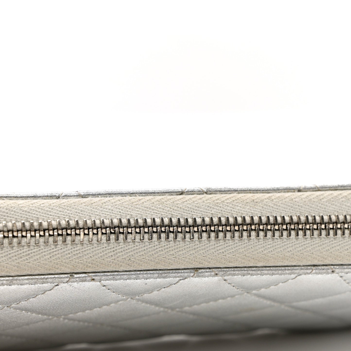Metallic Lambskin Quilted Large Gusset Zip Around Wallet Silver