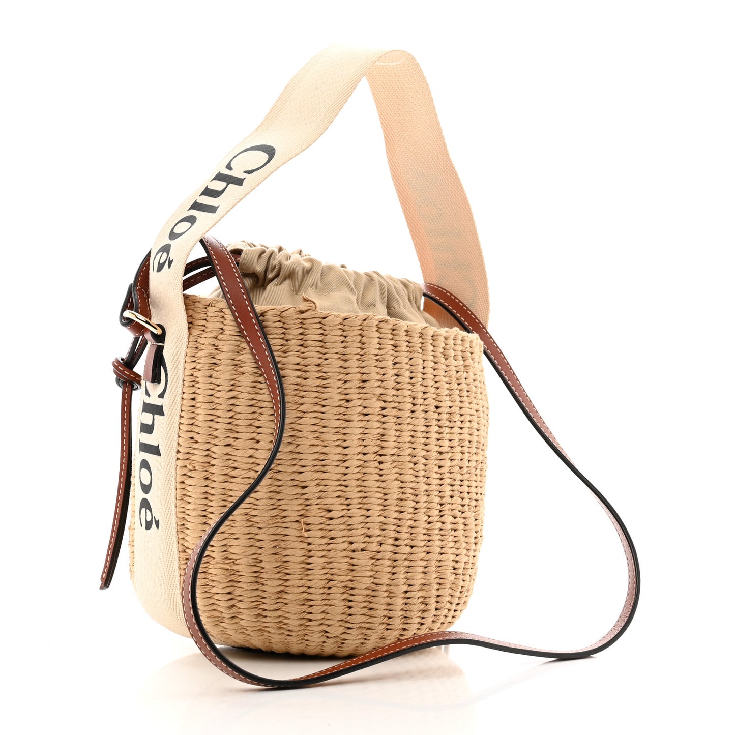 Raffia Calfskin Small Woody Basket Bag Brown