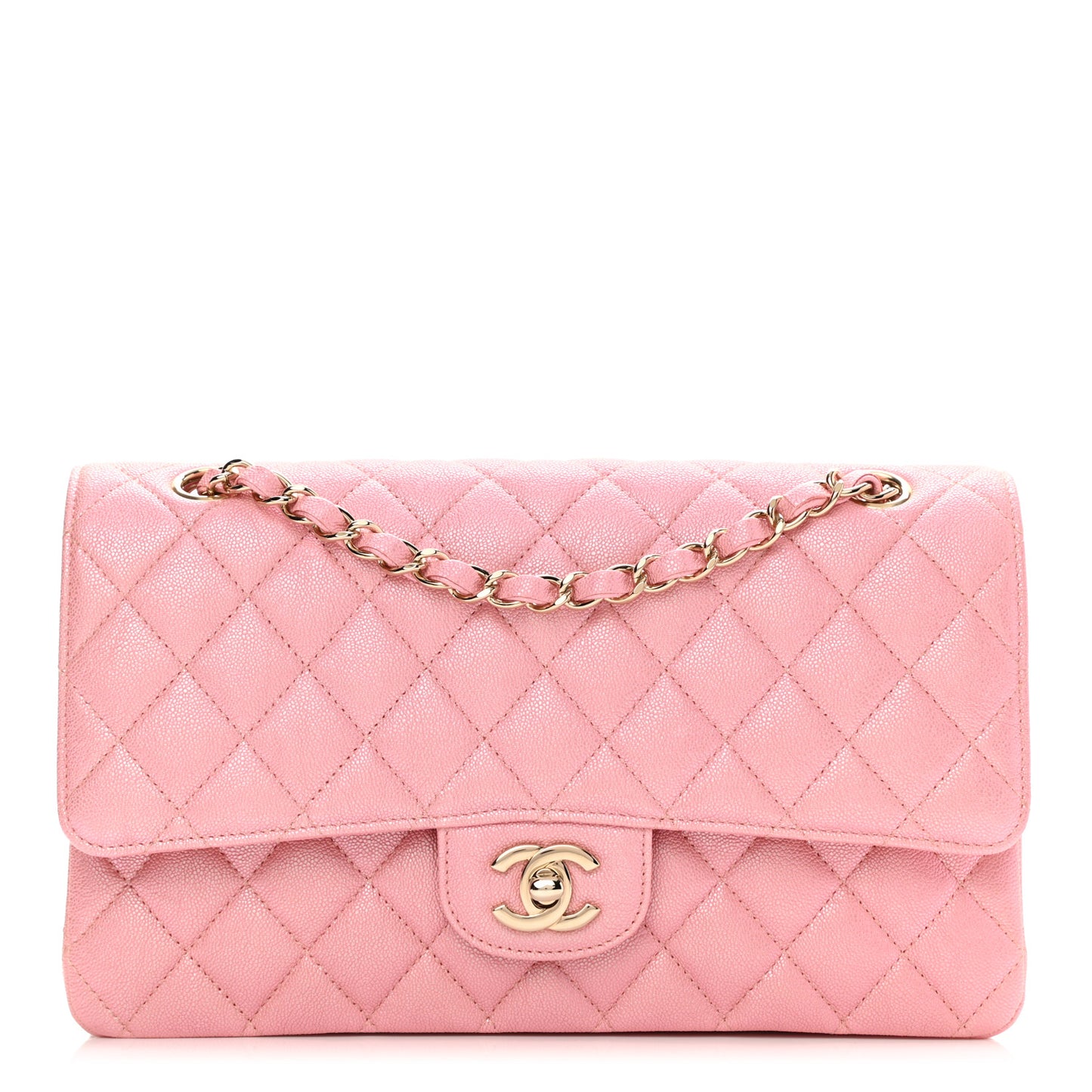 Iridescent Caviar Quilted Medium Double Flap Light Pink
