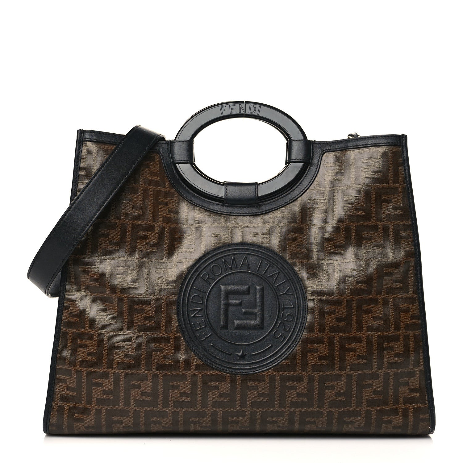 Fendi Glazed Fabric Vitello Century Plexiglass FF 1974 Stamp Patch Medium Runaway Shopper Tote Mogano Panna Black 1 of 12