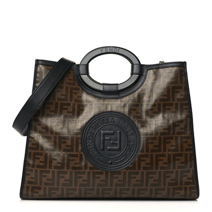 Fendi Glazed Fabric Vitello Century Plexiglass FF 1974 Stamp Patch Medium Runaway Shopper Tote Mogano Panna Black 1 of 12
